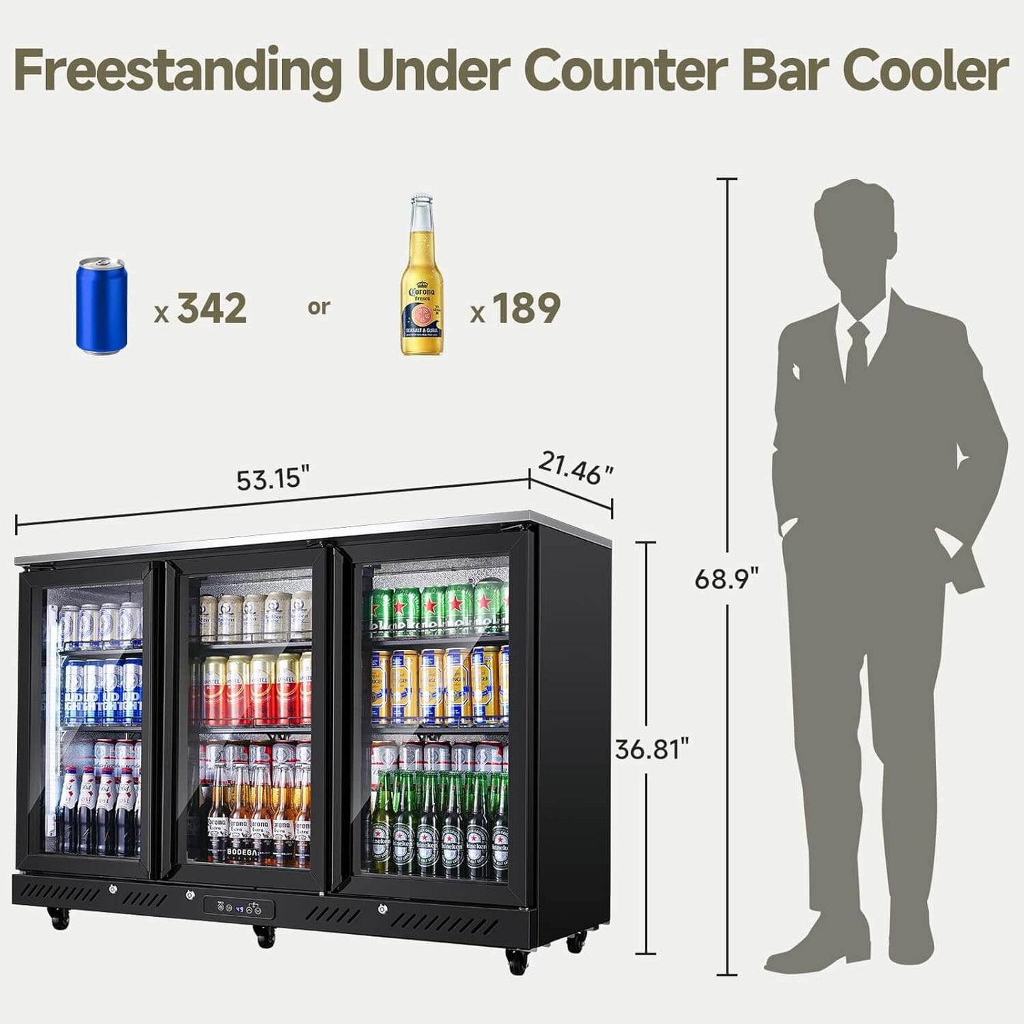 Bodega cooler 12 Cu.Ft Display Bar Beverage Fridge With 3 Glass Doors and wheels