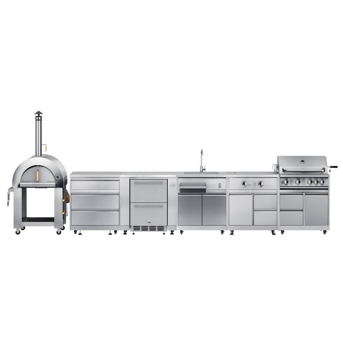 KOOLMORE Outdoor Kitchen Series with Wood-Fire Pizza Oven, 3-Drawer Cabinet, Refrigerator Cabinet, Double Fridge Drawers, Sink, Side Burner, and 30" BBQ Grill in Stainless Steel (CONFIG108) - KMOKSKITCONFIG108