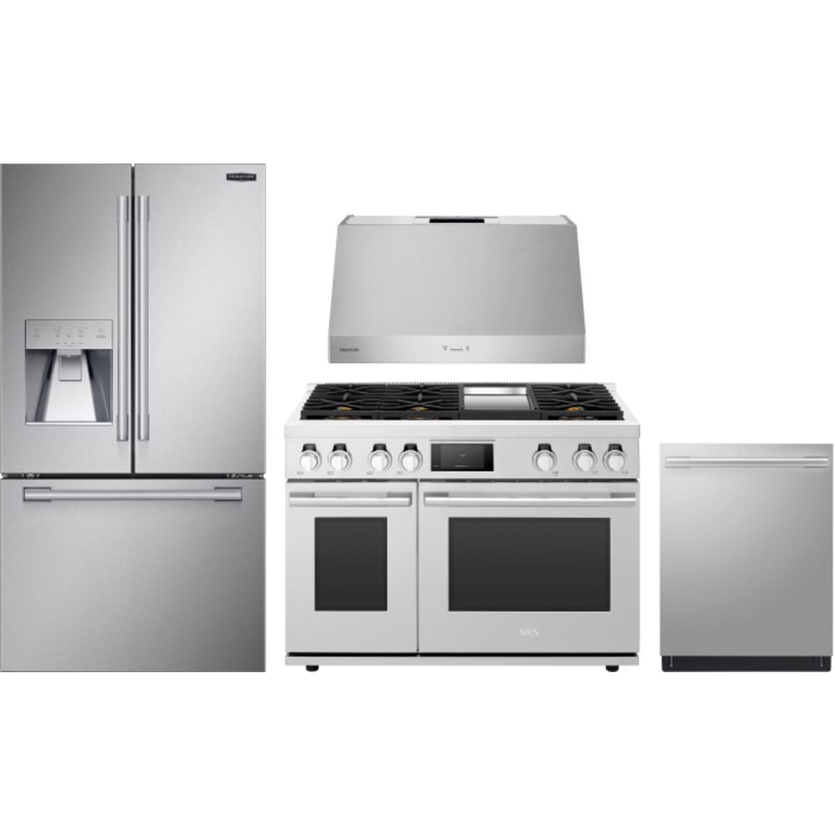 SKS 4-Piece Package SKSFD3623SD 36 Inch Counter-Depth French Door Refrigerator and SKSGR480GS 48 Inch Freestanding Gas Pro Smart Range and SKSPH3602S 36 Inch Pro-Style Wall Hood and SKSDW2411S 24 Inch Fully Integrated Smart Dishwasher