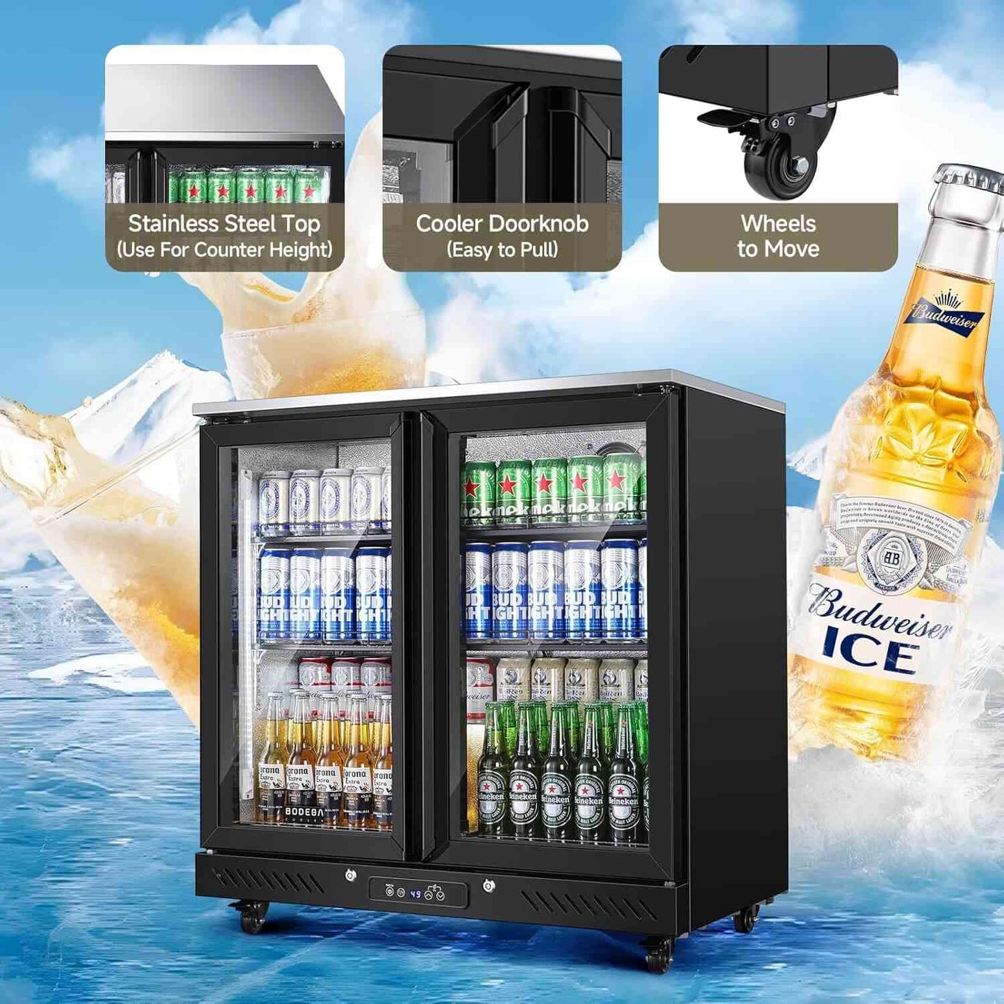 Bodega cooler 7.7 Cu.ft Commercial Counter Height Beverage Refrigerator with 2 doors and wheels