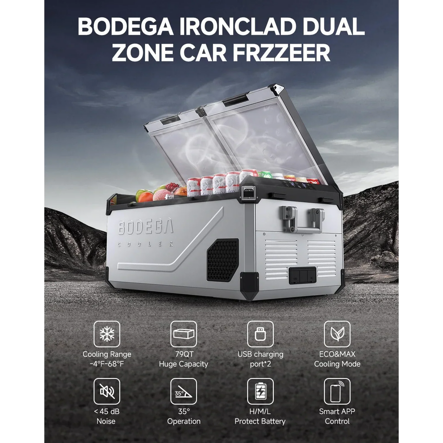 BODEGACOOLER 12 Volt Refrigerator 79QT/75L Hard Insulated Dual Zone