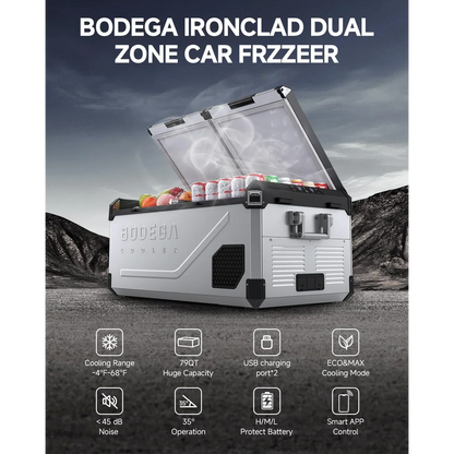 BODEGACOOLER 12 Volt Refrigerator 79QT/75L Hard Insulated Dual Zone