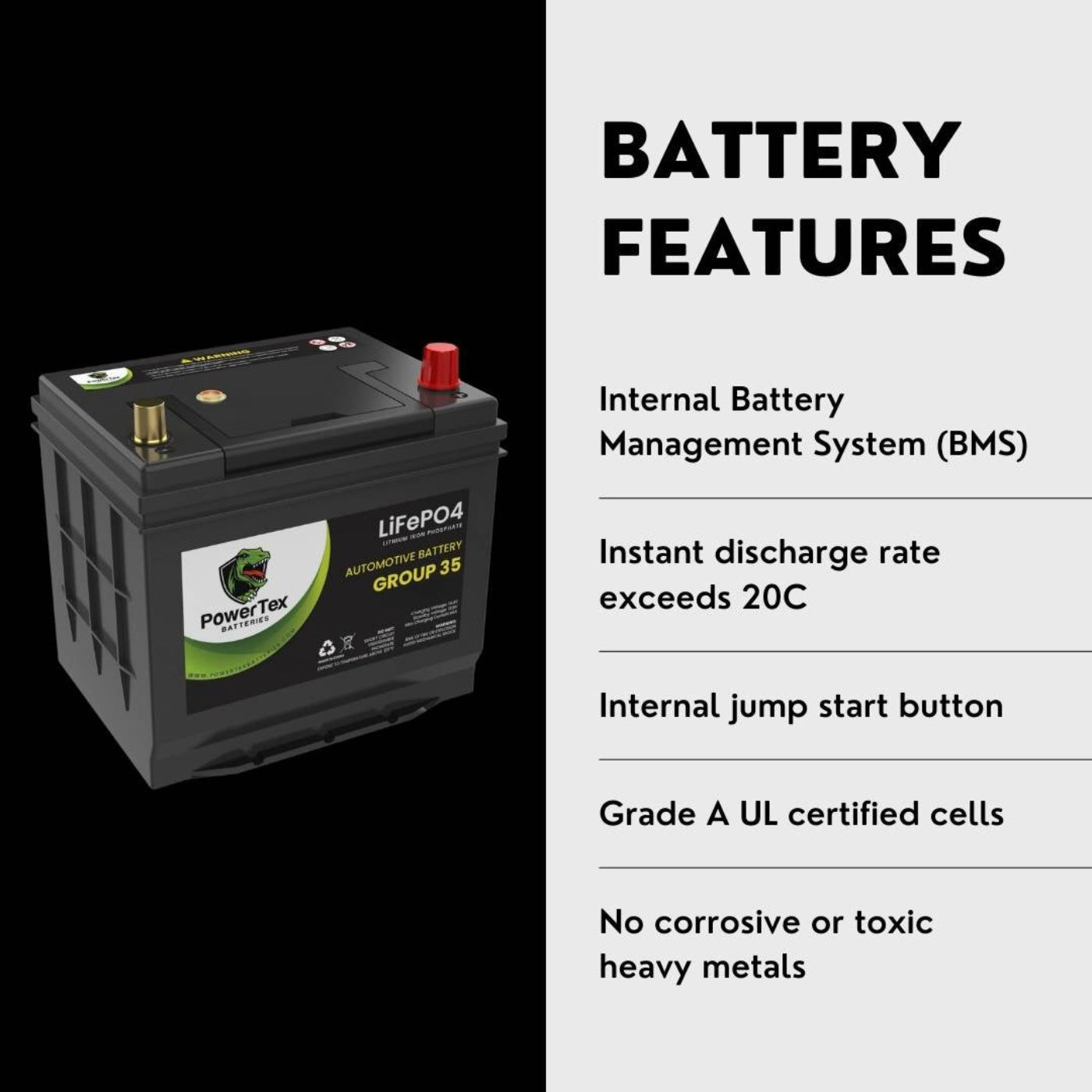 PowerTex 2007 Toyota Solara Car Battery BCI Group 35 / Q85 Lithium LiFePO4 Automotive Battery - PTLG35-488