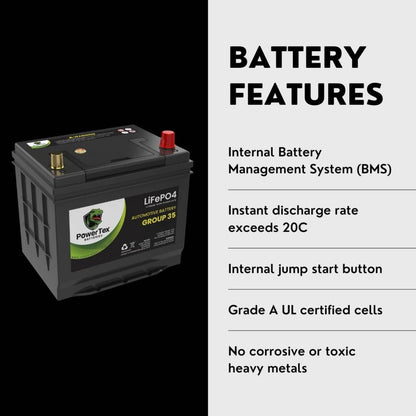 PowerTex 2018 Nissan Frontier Car Battery BCI Group 35 / Q85 Lithium LiFePO4 Automotive Battery - PTLG35-245