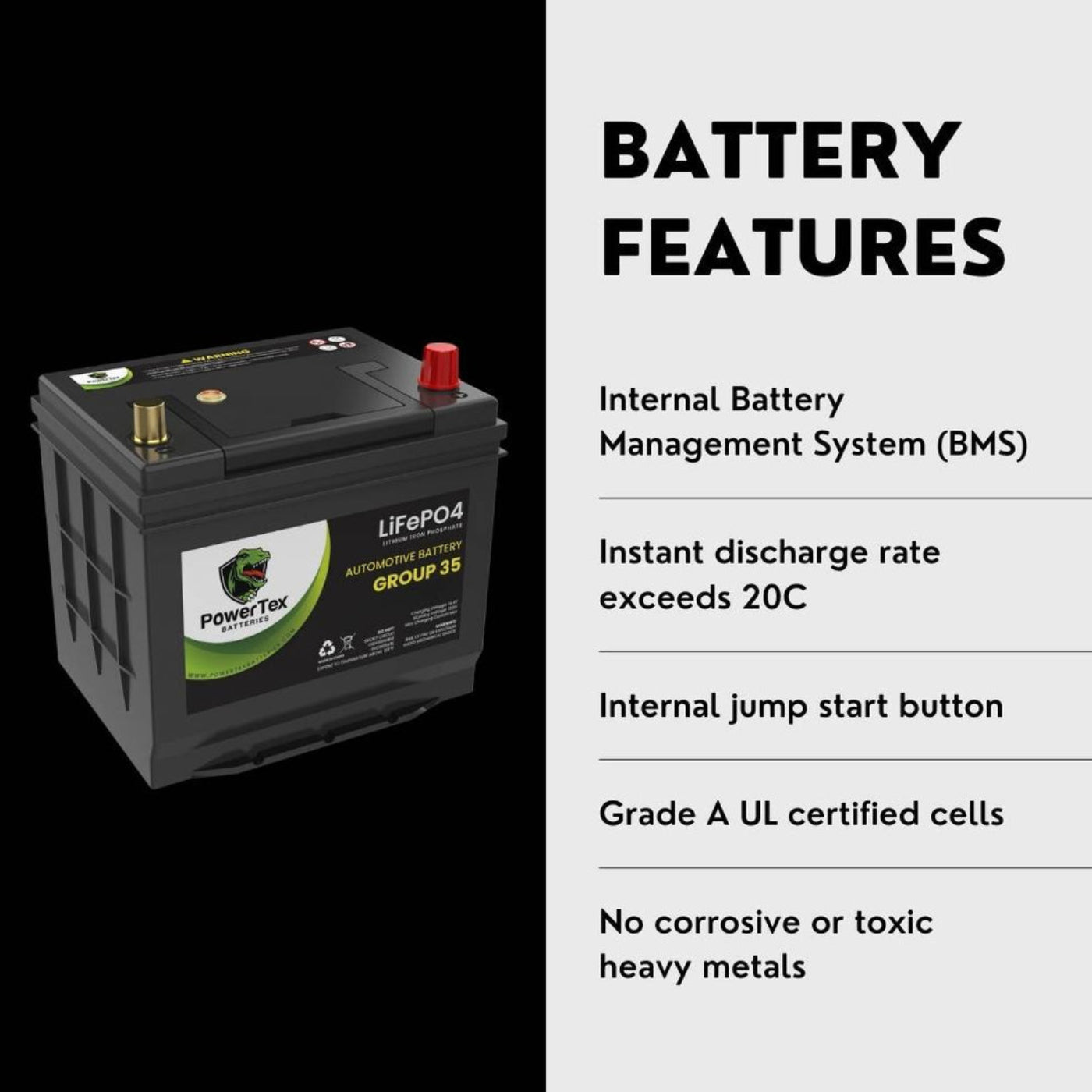 PowerTex 2023 Toyota 4Runner V6 4.0L Replacement Car Battery BCI Group 35 Lithium LiFeP - PTLG35-040O4 Automotive Powertex Battery