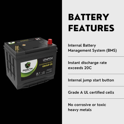 PowerTex 2024 Toyota 4Runner V6 4.0L Replacement Car Battery BCI Group 35 Lithium LiFePO4 Automotive Powertex Battery - PTLG35-044