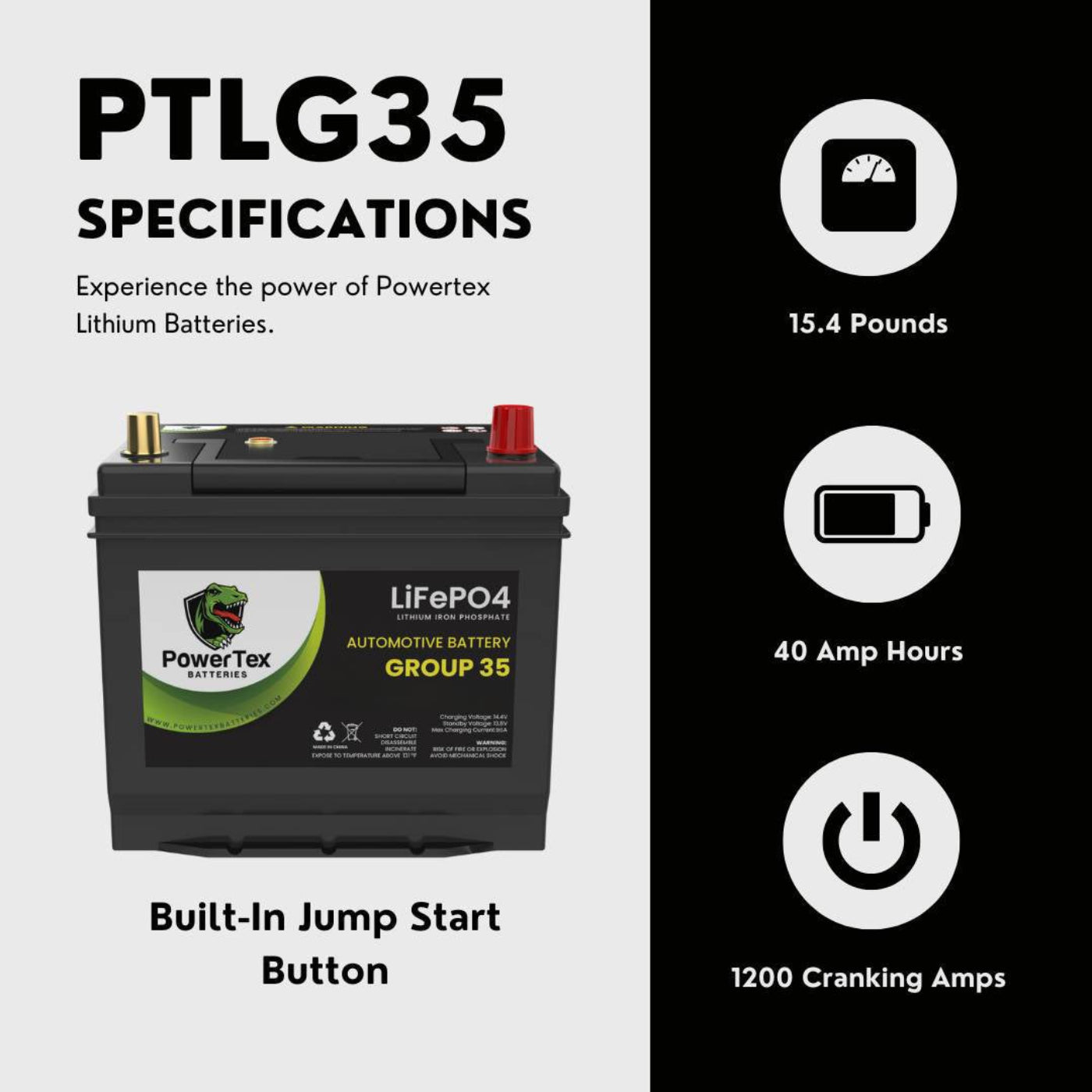 PowerTex 2008 Nissan 350Z Car Battery BCI Group 35 / Q85 Lithium LiFePO4 Automotive Battery - PTLG35-340