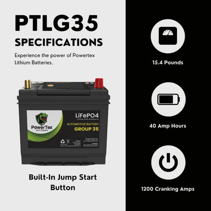 PowerTex 2008 Nissan 350Z Car Battery BCI Group 35 / Q85 Lithium LiFePO4 Automotive Battery - PTLG35-340
