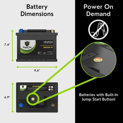 PowerTex 2004 Mini Cooper Car Battery BCI Group 47 H5 Lithium LiFePO4 Replacement Automotive Battery - PTLG47-465