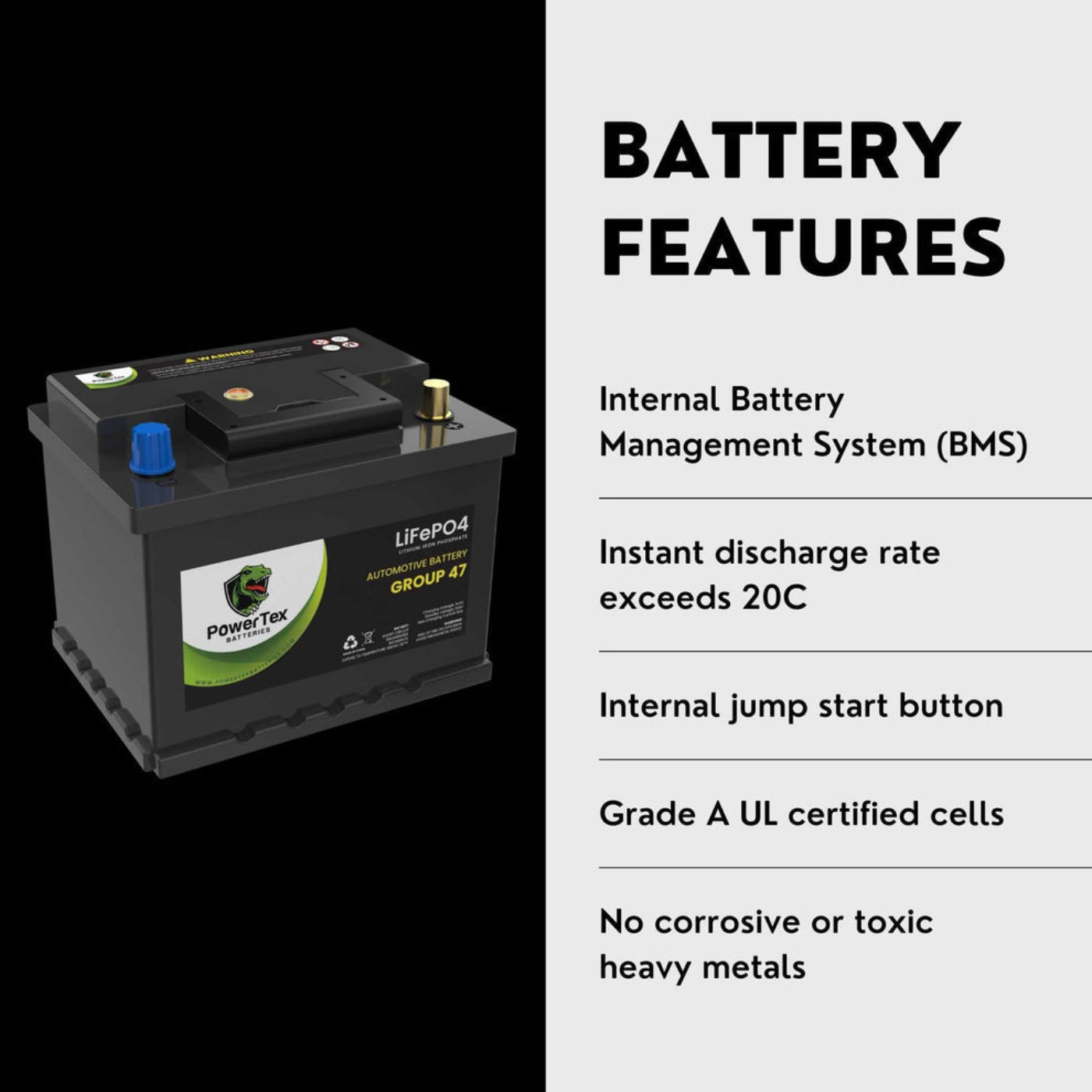 PowerTex 2023 Toyota Venza L4 2.5LReplacement Car Battery BCI Group 47 Lithium LiFePO4 Automotive Powertex Battery - PTLG47-070
