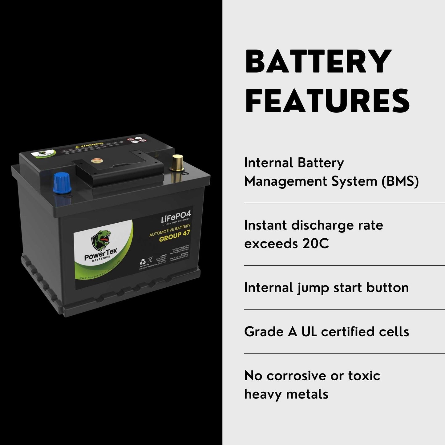 PowerTex 2003 Mini Cooper Car Battery BCI Group 47 H5 Lithium LiFePO4 Replacement Automotive Battery - PTLG47-466