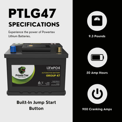 PowerTex 2022 Volkswagen Taos L4 1.5LReplacement Car Battery BCI Group 47 Lithium LiFePO4 Automotive Powertex Battery - PTLG47-099