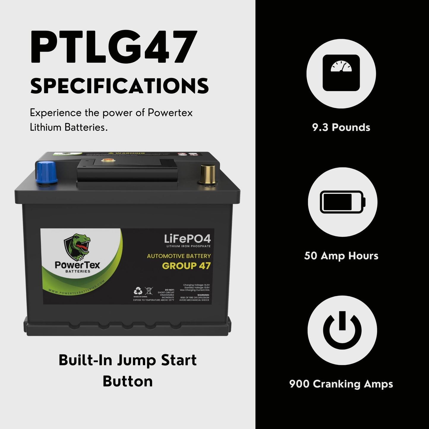 PowerTex 2009 Mini Cooper Car Battery BCI Group 47 H5 Lithium LiFePO4 Replacement Automotive Battery - PTLG47-460