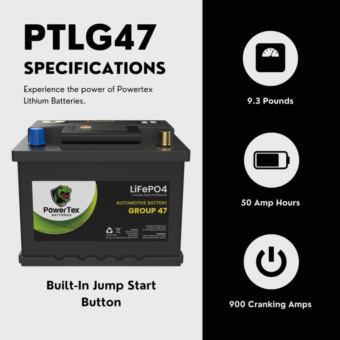 PowerTex 2024 Volkswagen Tiguan L4 2.0LReplacement Car Battery BCI Group 47 Lithium LiFePO4 Automotive Powertex Battery - PTLG47-0109