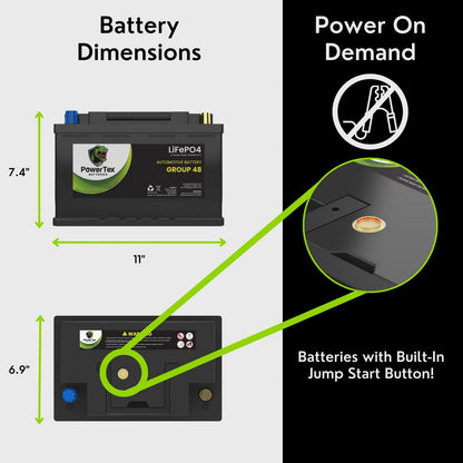 2023 Jeep Wrangler V6 3.0L Replacement Car Battery BCI Group 48 Lithium LiFePO4 Automotive Powertex Battery