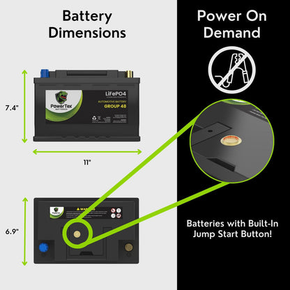 PowerTex 2023 Audi TTS L4 2.0L Replacement Car Battery BCI Group 48 Lithium LiFePO4 Automotive Powertex Battery - PTLG48-062