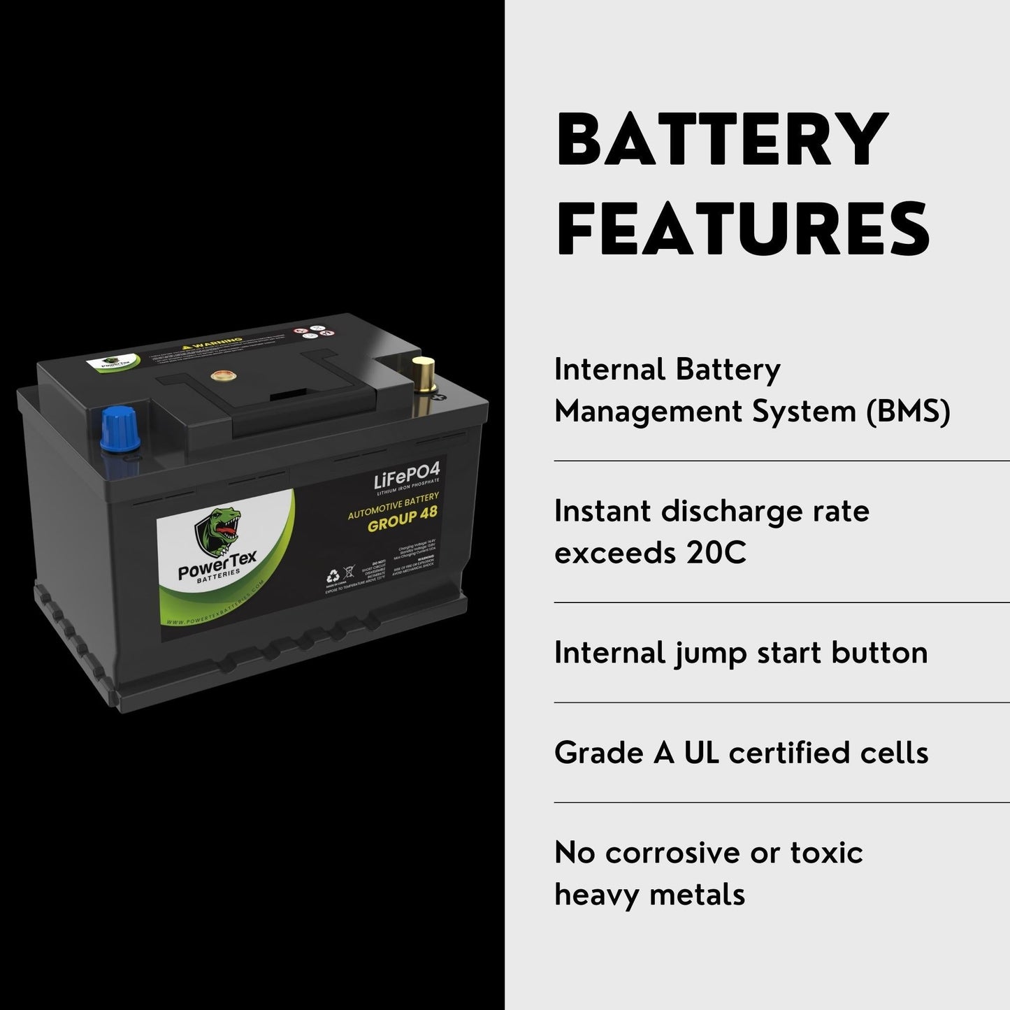 PowerTex 2009 Porsche Cayenne Car Battery BCI Group 48 / H6 Lithium LiFePO4 Replacement Automotive Battery - PTLG48-1678