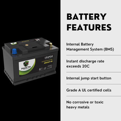 PowerTex 2017 Maserati GranTurismo Car Battery BCI Group 48 / H6 Lithium LiFePO4 Replacement Automotive Battery - PTLG48-1163