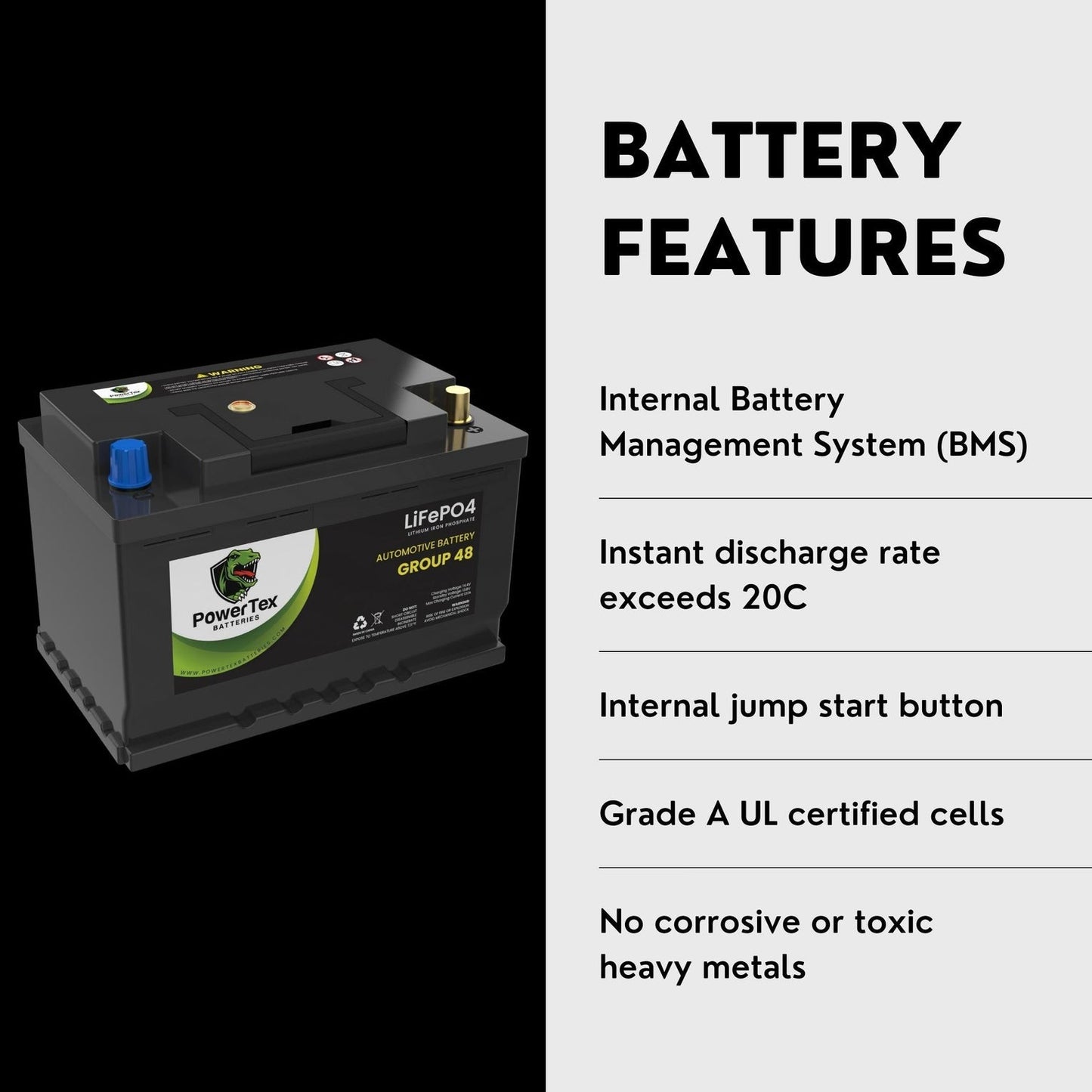 PowerTex 2022 Volkswagen Tiguan L4 2.0L Replacement Car Battery BCI Group 48 Lithium LiFePO4 Automotive Powertex Battery - PTLG48-0540