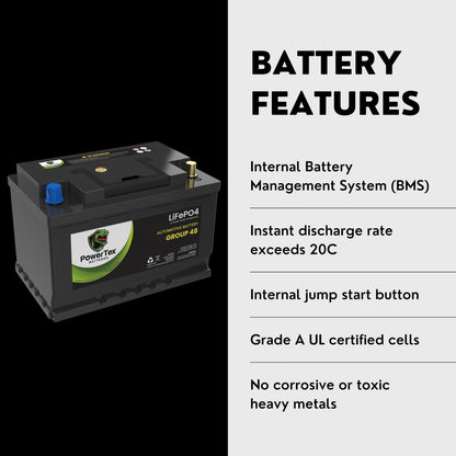 PowerTex 2022 Lexus LC500 V8 5.0L Replacement Car Battery BCI Group 48 Lithium LiFePO4 Automotive Powertex Battery - PTLG48-0411