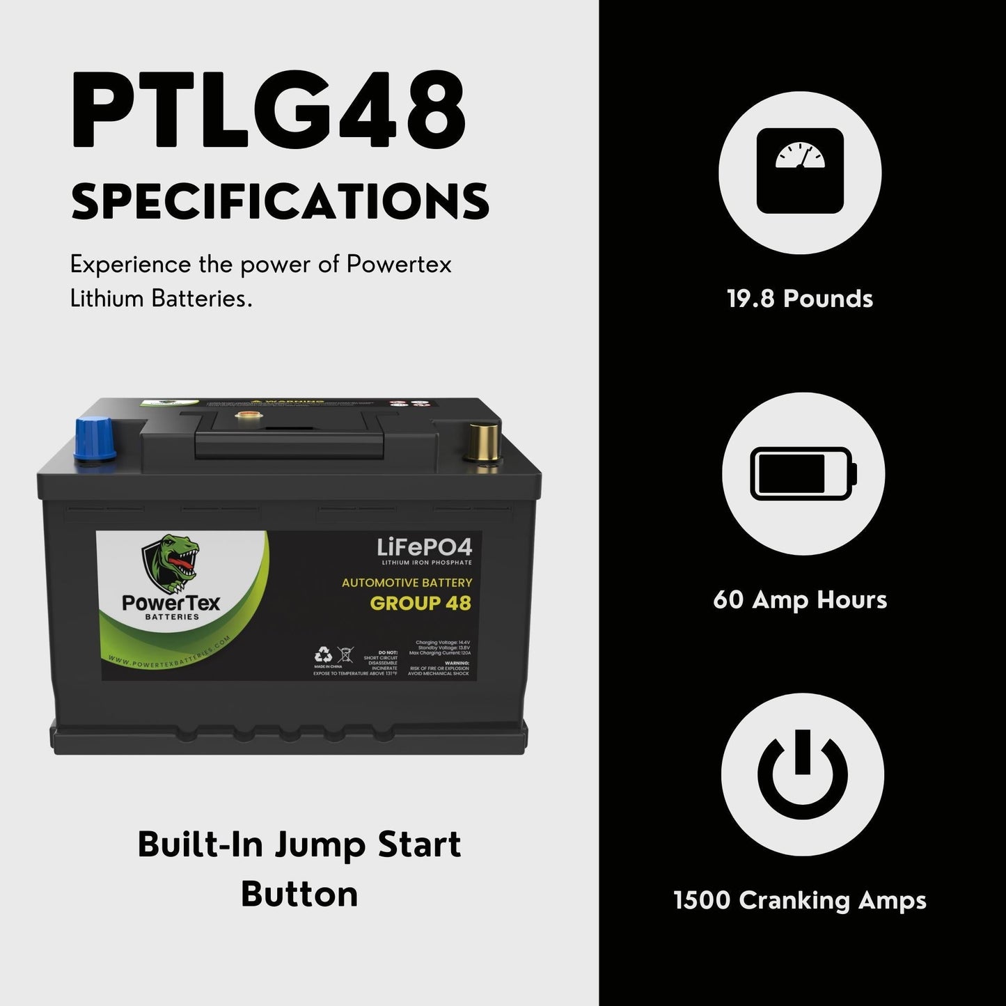PowerTex 2010 Audi A5 Car Battery BCI Group 48 / H6 Lithium LiFePO4 Replacement Automotive Battery - PTLG48-270