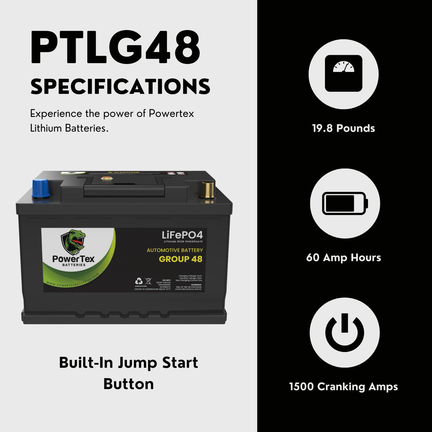 PowerTex 2022 Lincoln Corsair L4 2.5L Replacement Car Battery BCI Group 48 Lithium LiFePO4 Automotive Powertex Battery - PTLG48-0415