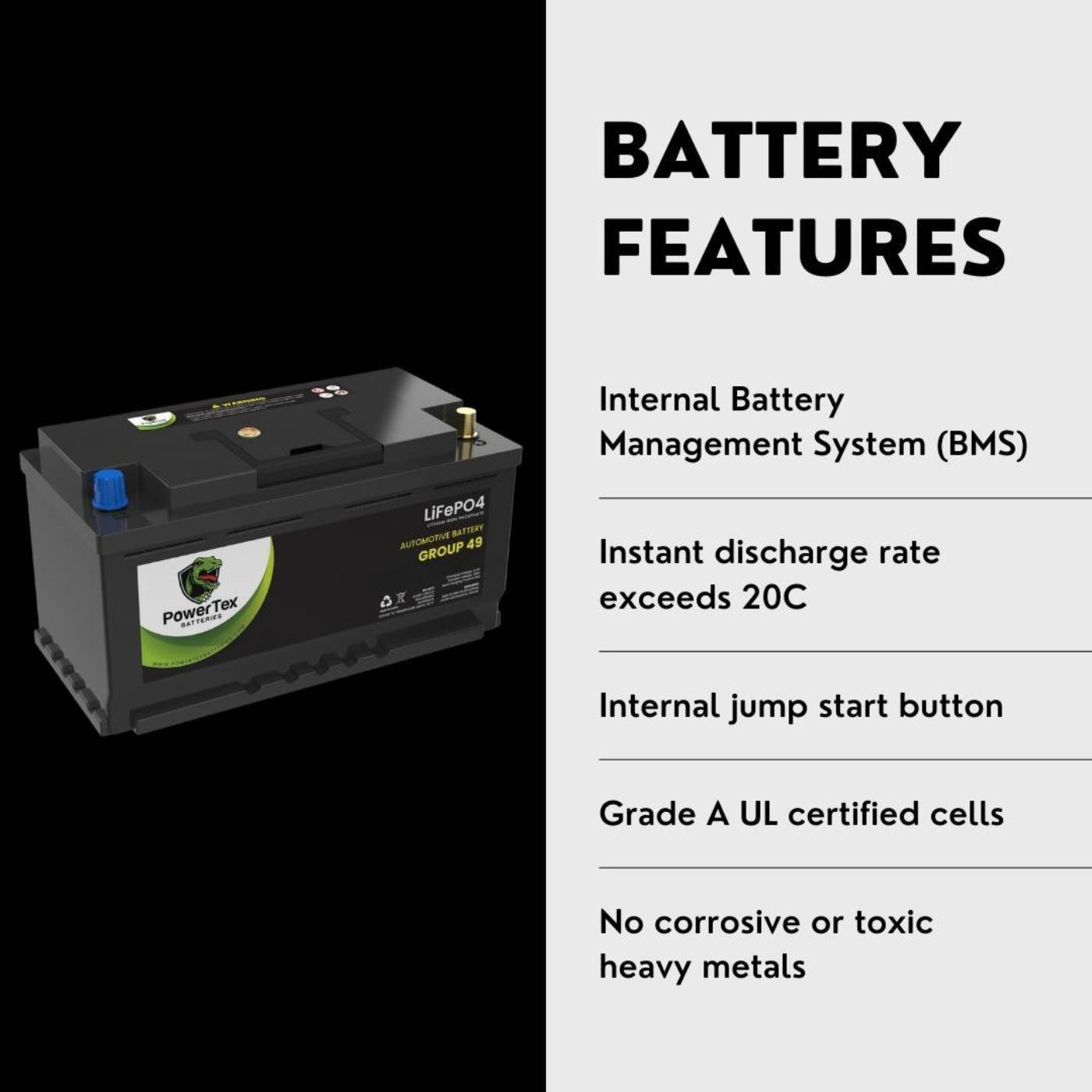 PowerTex 2024 Audi Q7 V6 3.0LReplacement Car Battery BCI Group 49 Lithium LiFePO4 Automotive Powertex Battery - PTLG49-0243