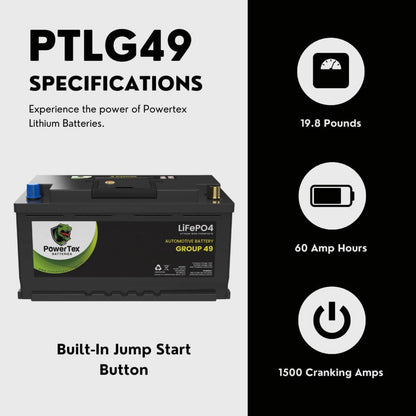 PowerTex 2022 Audi TT L4 2.0LReplacement Car Battery BCI Group 49 Lithium LiFePO4 Automotive Powertex Battery - PTLG49-0215
