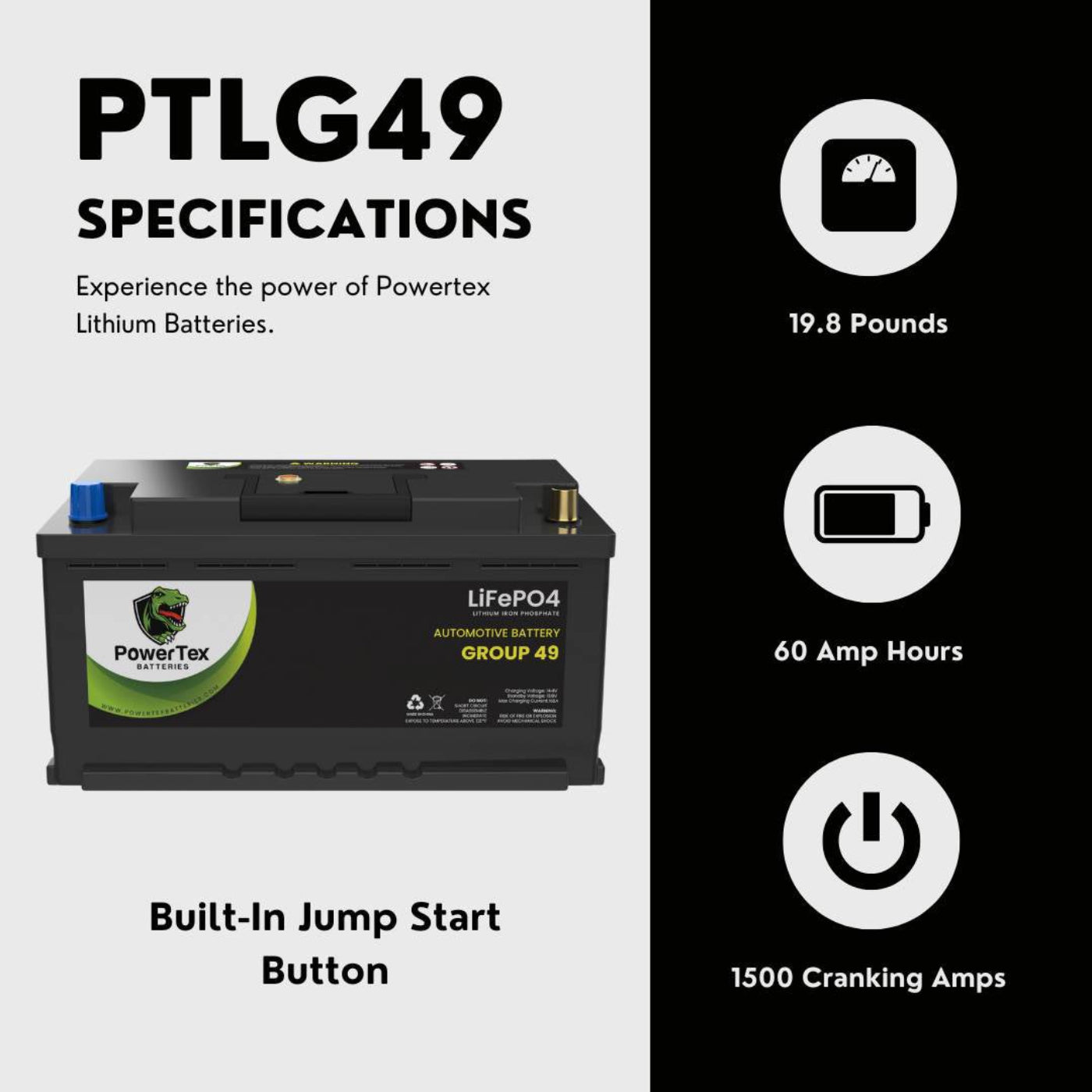 PowerTex 2011 Porsche Cayenne Car Battery BCI Group 49 / H8 Replacement Lithium LiFePO4 Automotive Battery - PTLG49-1622