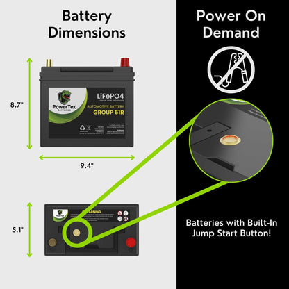 PowerTex 2020 Infiniti QX60 Car Battery BCI Group 51R Lithium LiFePO4 Replacement Automotive Battery - PTLG51R-100
