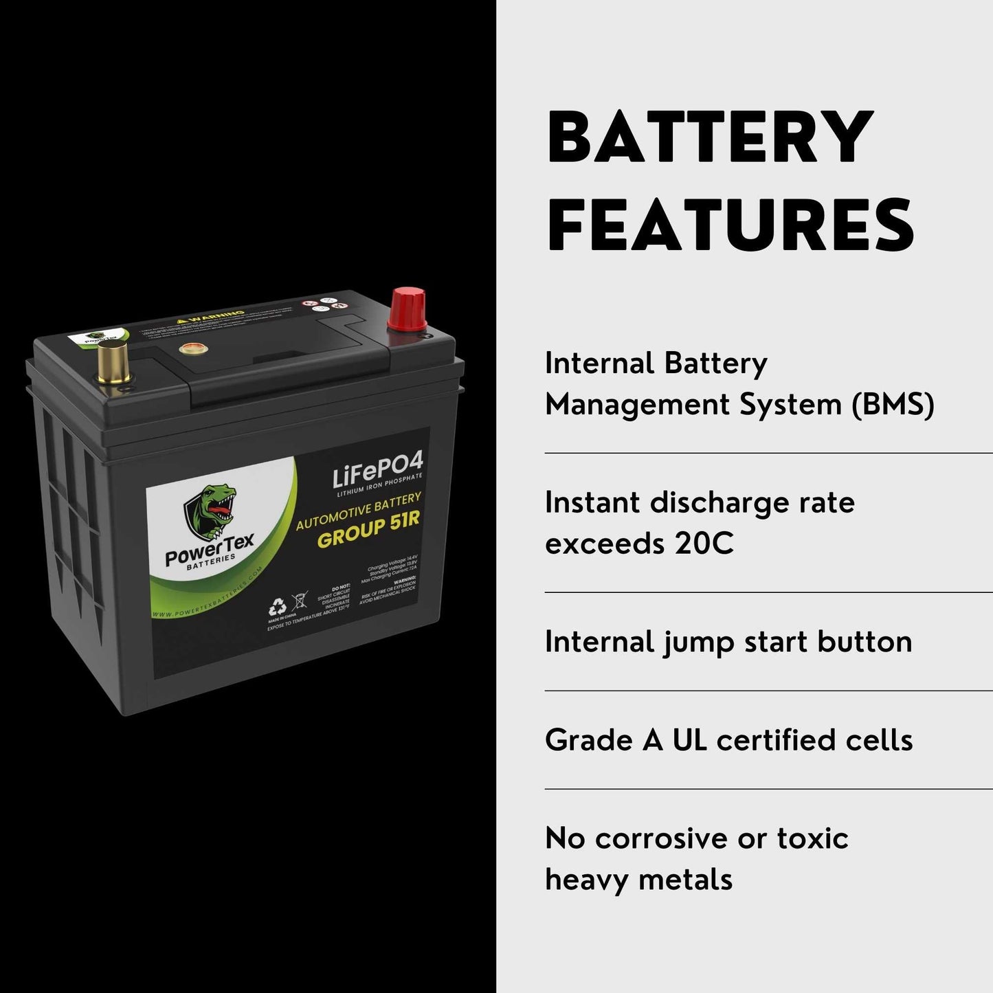 PowerTex 2009 Honda CR-V Car Battery BCI Group 51R Lithium LiFePO4 Replacement Automotive Battery - PTLG51R-78