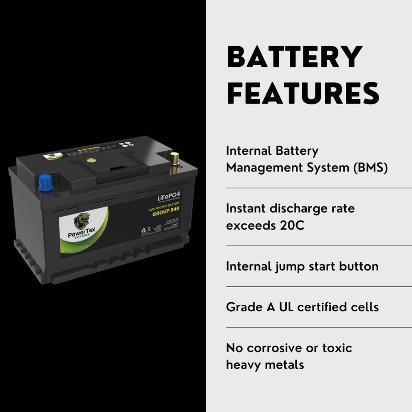 PowerTex 2022 Cadillac XT6 L4 2.0L Replacement Car Battery BCI Group 94R Lithium LiFePO4 Automotive Powertex Battery - PTLG94R-0106