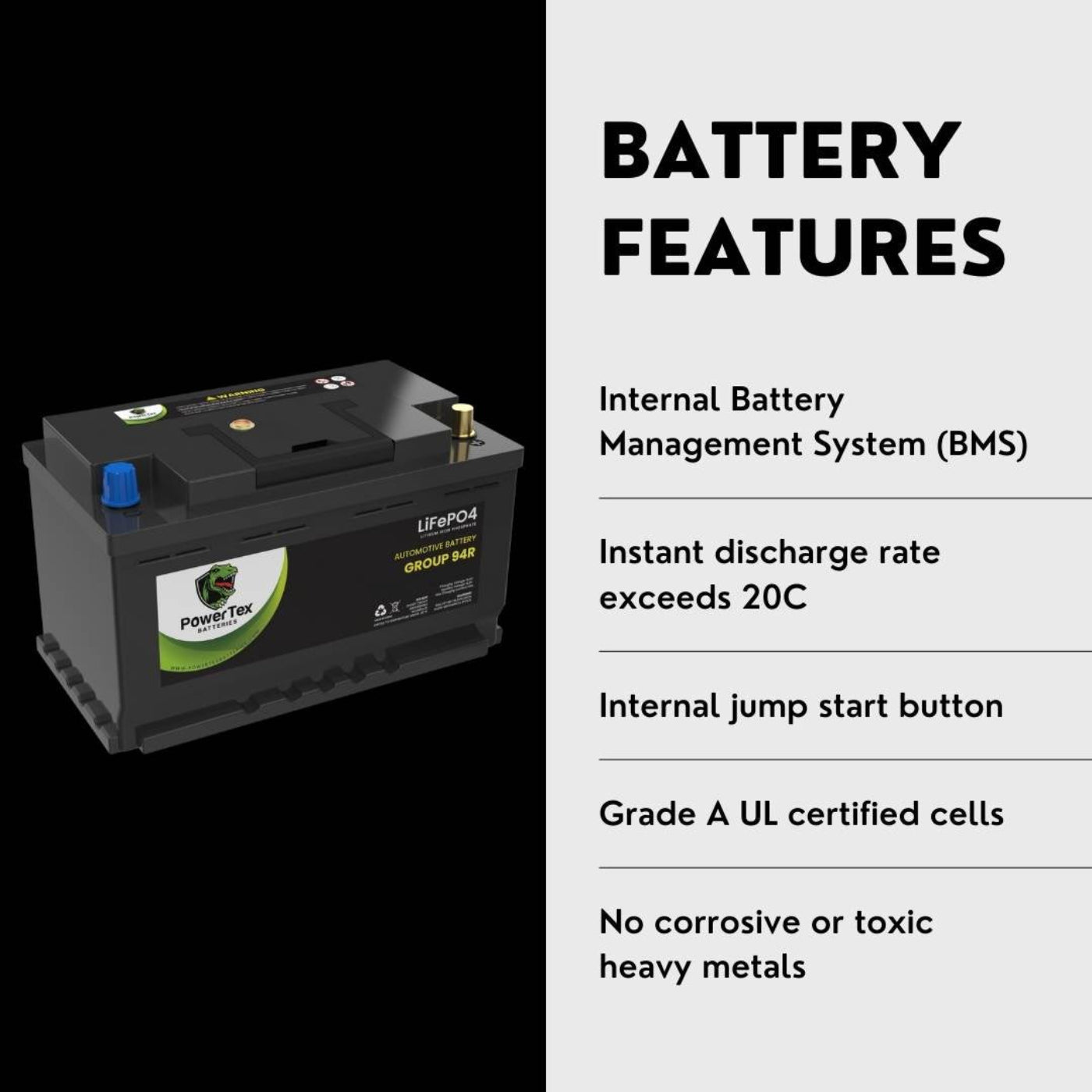 PowerTex 2011 Dodge Durango Car Battery BCI Group 94R / H7 Lithium LiFePO4 Automotive Battery - PTLG94R-780