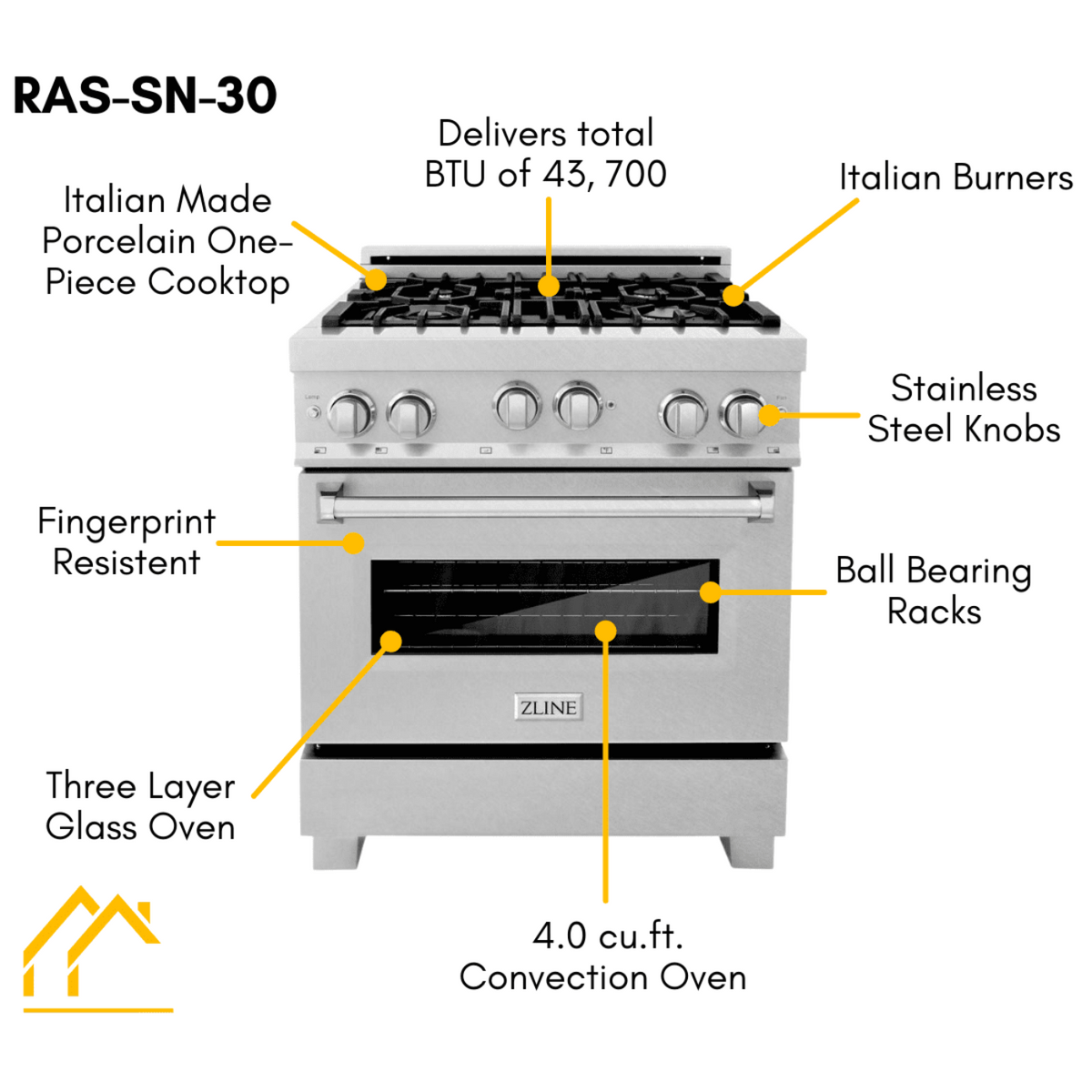 ZLINE Kitchen and Bath 30 in. Professional Gas Burner/Electric Oven in DuraSnow® Stainless, RAS-SN-30