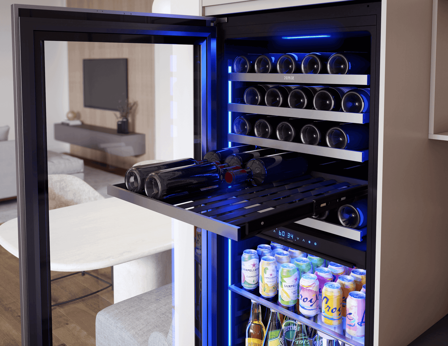 ZEPHYR Presrv Wine and Beverage Cooler, 24in, Full Size, SS+Glass, Reversible Door, 2 Zones in Stainless Steel - PRWB24F02BG