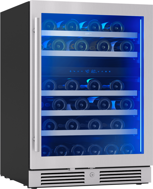ZEPHYR Presrv Wine Cooler, 24in UC, SS+Gls, Rvs Door, 2Z in Stainless Steel - PRW24C02CG