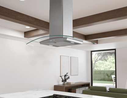 ZEPHYR Brisas Curved Glass Island, 36" G, ACT, LED in Stainless Steel - BMLE36CG