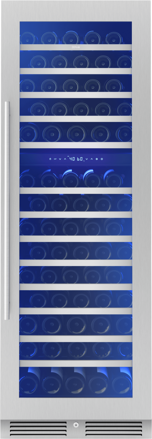 ZEPHYR Presrv Wine Cooler, 24in Full Size, SS+Glass, Reversible Door, 2 Zone in Stainless Steel - PRW24F02CG