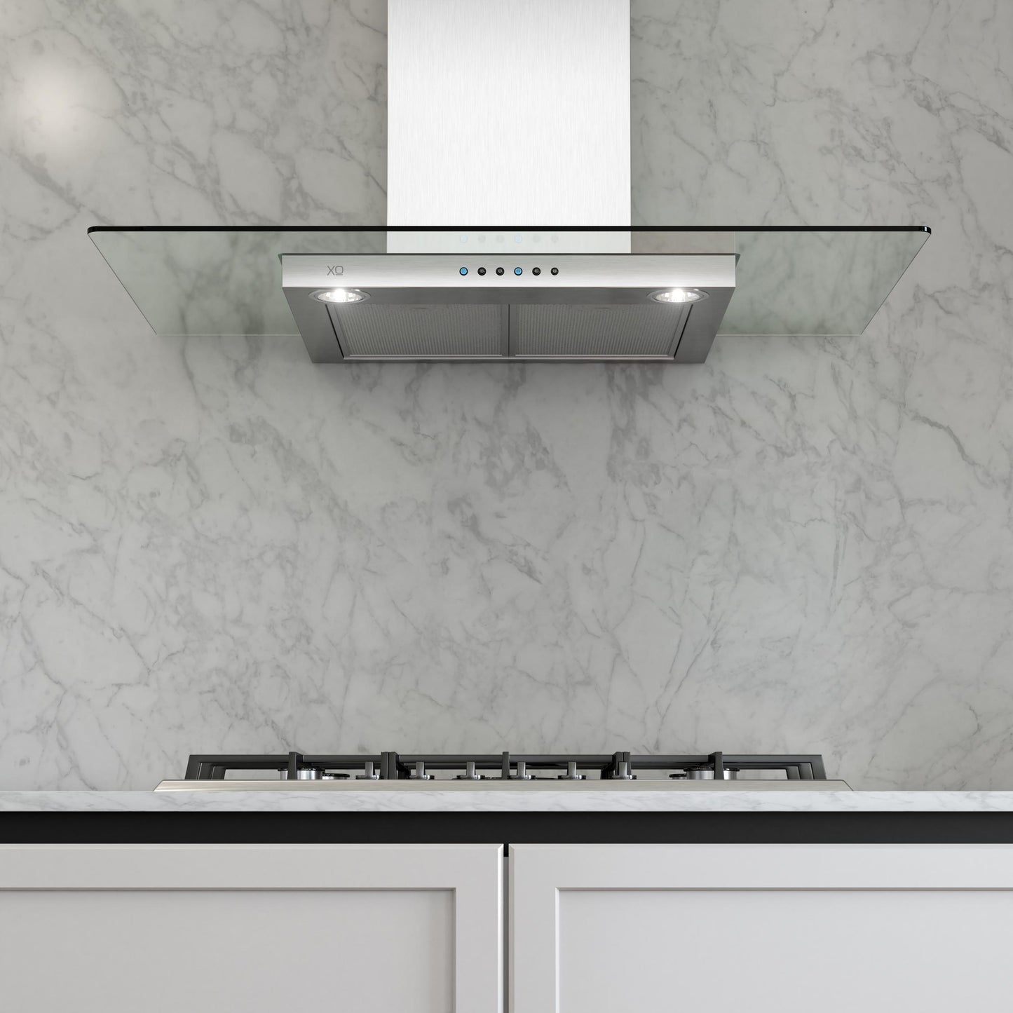 XO APPLIANCE XOQ30GC 30" CCC 600/395 CFM Wall Chimney Hood Stainless/Glass in Stainless Steel - XOQ30GC