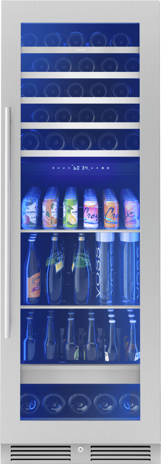 ZEPHYR Presrv Wine and Beverage Cooler, 24in, Full Size, SS+Glass, Reversible Door, 2 Zones in Stainless Steel - PRWB24F02BG
