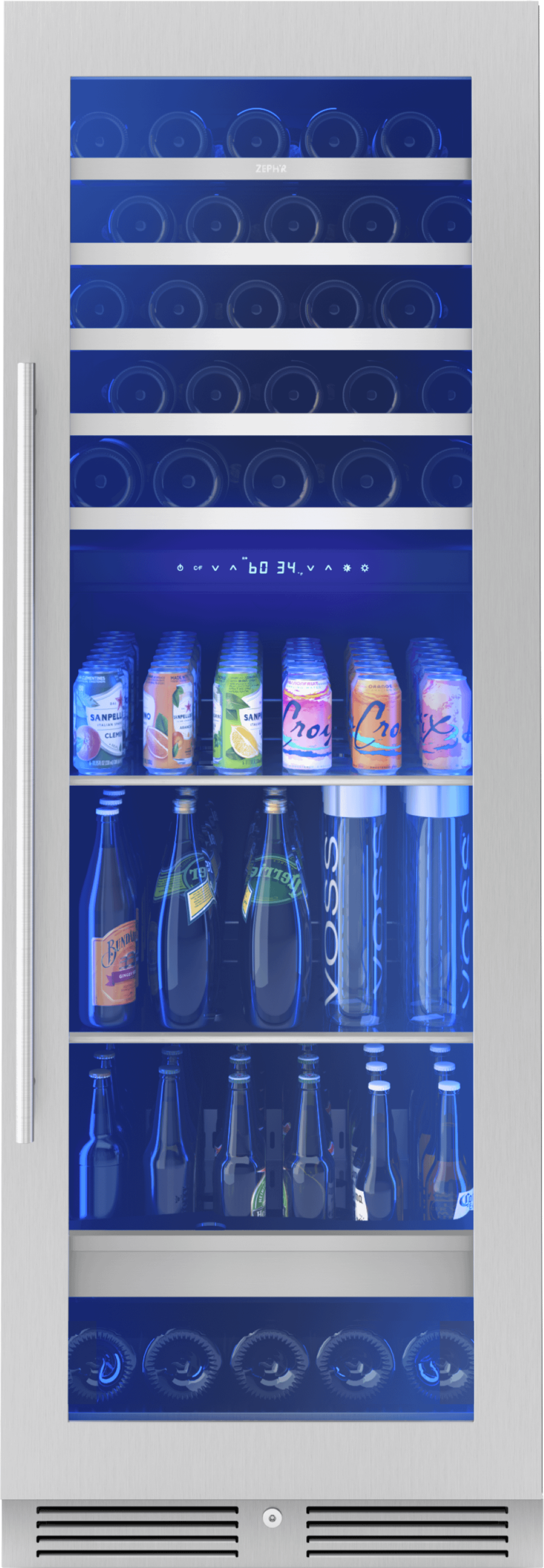 ZEPHYR Presrv Wine and Beverage Cooler, 24in, Full Size, SS+Glass, Reversible Door, 2 Zones in Stainless Steel - PRWB24F02BG