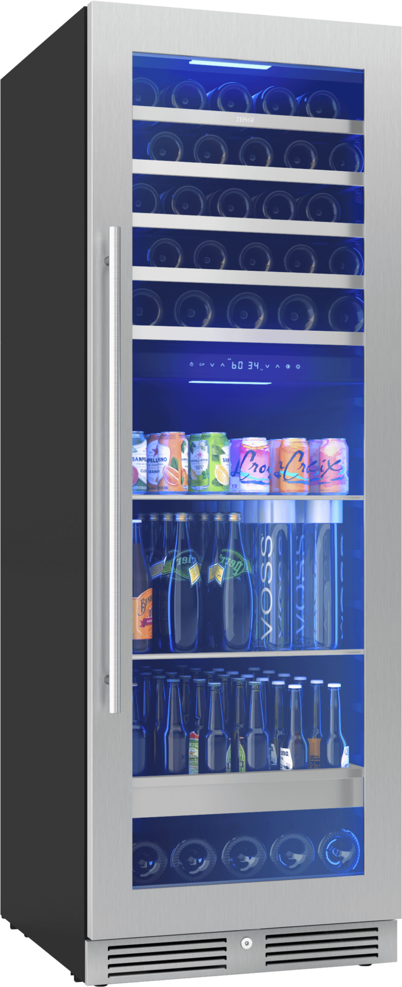 ZEPHYR Presrv Wine and Beverage Cooler, 24in, Full Size, SS+Glass, Reversible Door, 2 Zones in Stainless Steel - PRWB24F02BG